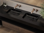 Plan vasque suspendu, double lavabos intégrés au angle arrondi L. 120 à 200 cm x 40 à 60 cm, résine minérale ACRYSTONE®  Finition lisse mate, Livraison Offerte et Rapide.